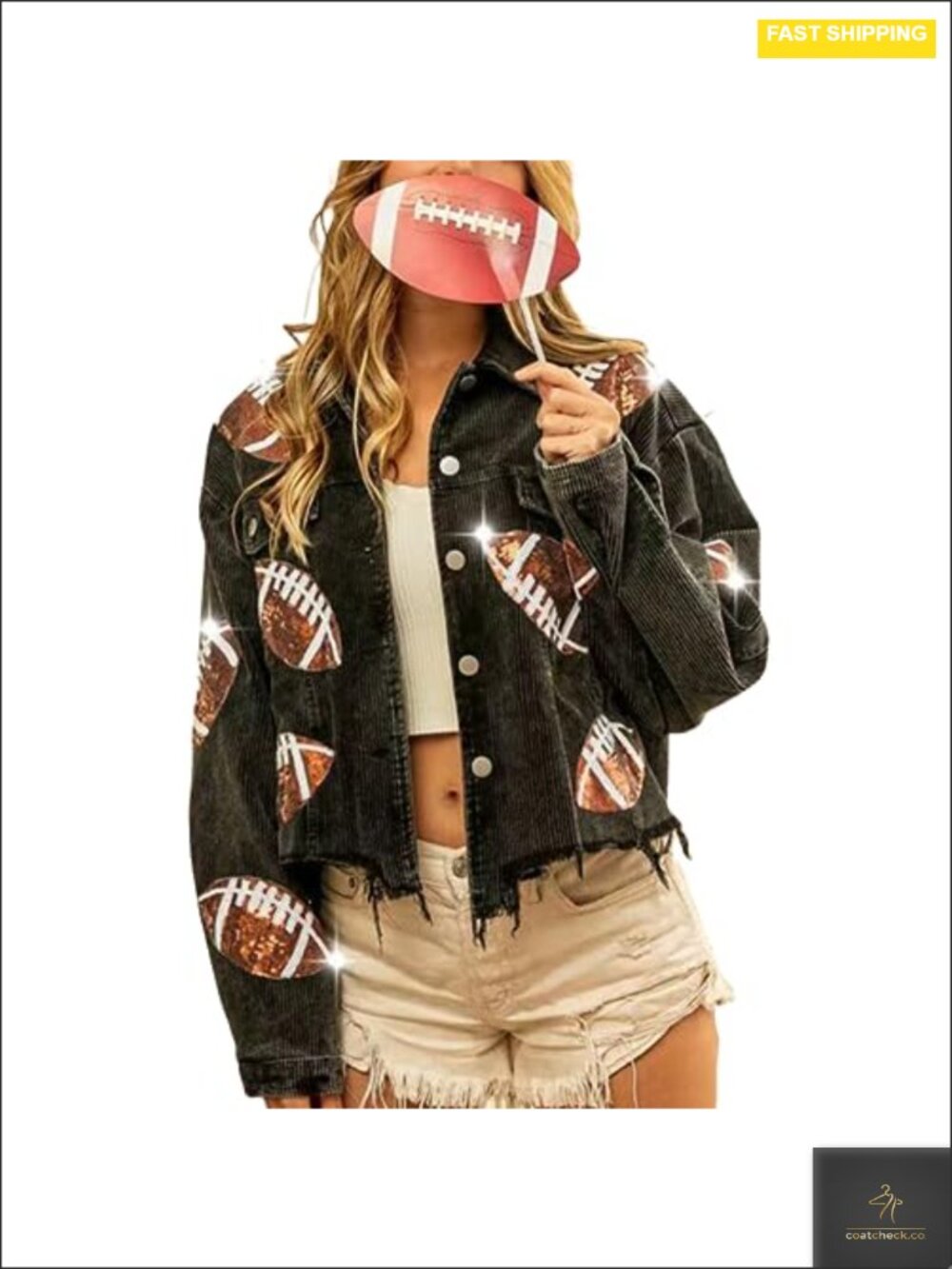 Cropped Corduroy Sequin Football Jacket Oversized Shacket